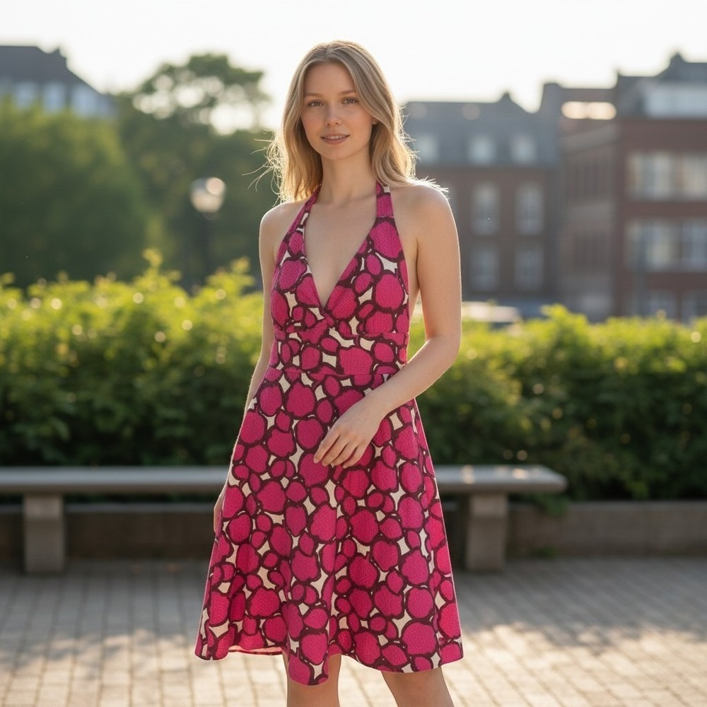 J.Crew Halter Dress Womens 0 Pink Abstract Floral Seersucker Cotton Summer Vtg